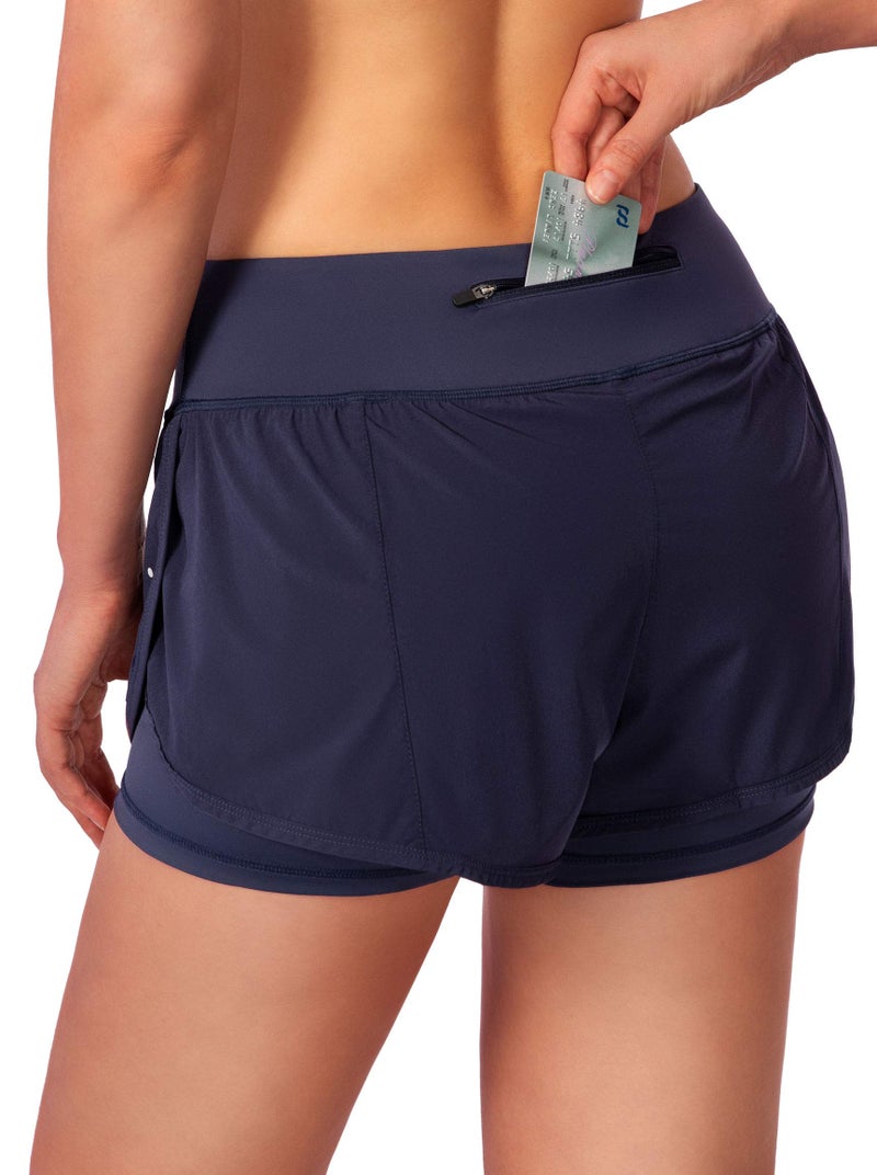 Soothfeel Women's 2 in 1 Running Shorts Workout Athletic Gym Yoga Shorts for Women with Phone Pockets Navy Blue - Image 2